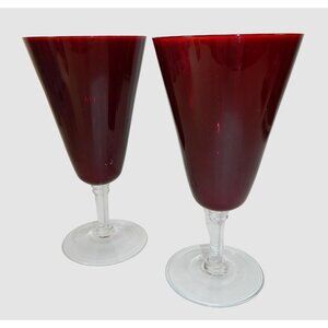 Pier 1 Ruby Red Pleated Wine Glass Wafer Stem 8" Optic Pleats Set Of 2